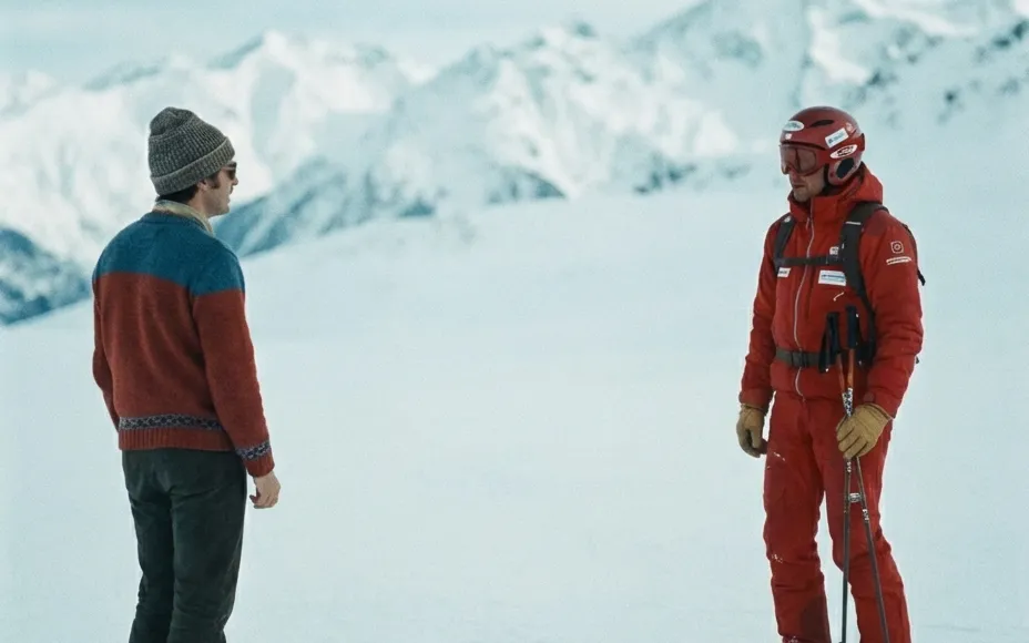 Ski instructor in red talking with a client on a snowy plateau